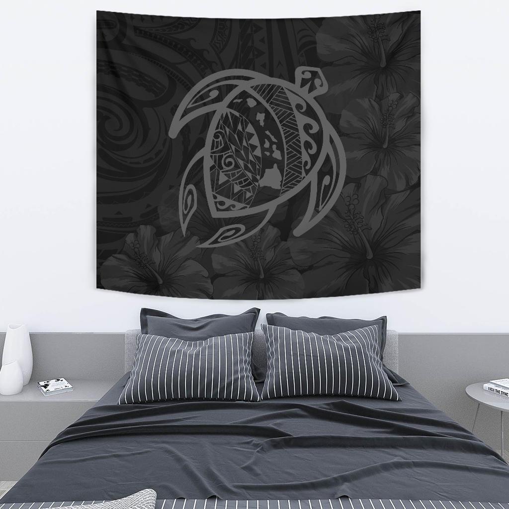 Hawaii Turtle Kanaka Map Hibiscus Poly Tapestry - Gray Wall Tapestry Gray - Polynesian Pride