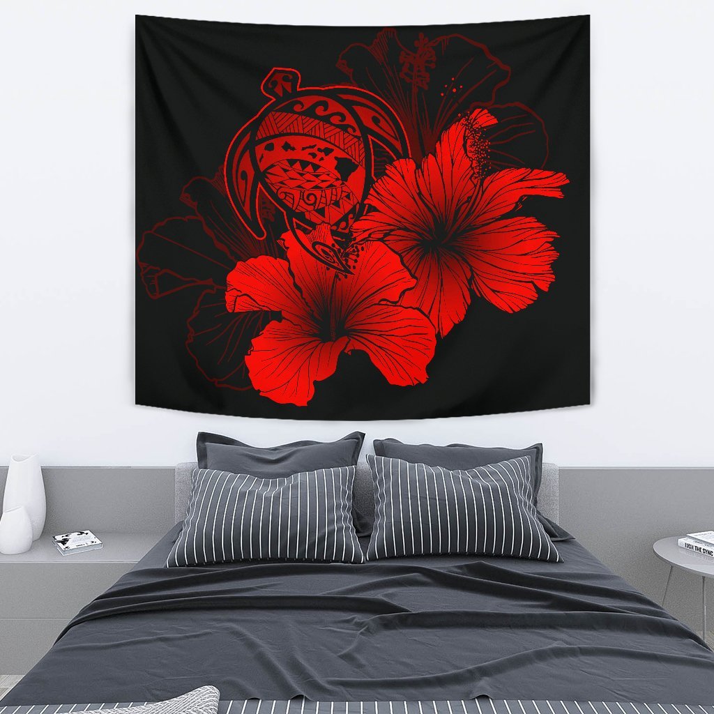 Hawaii Hibiscus Tapestry - Turtle Map - Calico Red Wall Tapestry Red - Polynesian Pride