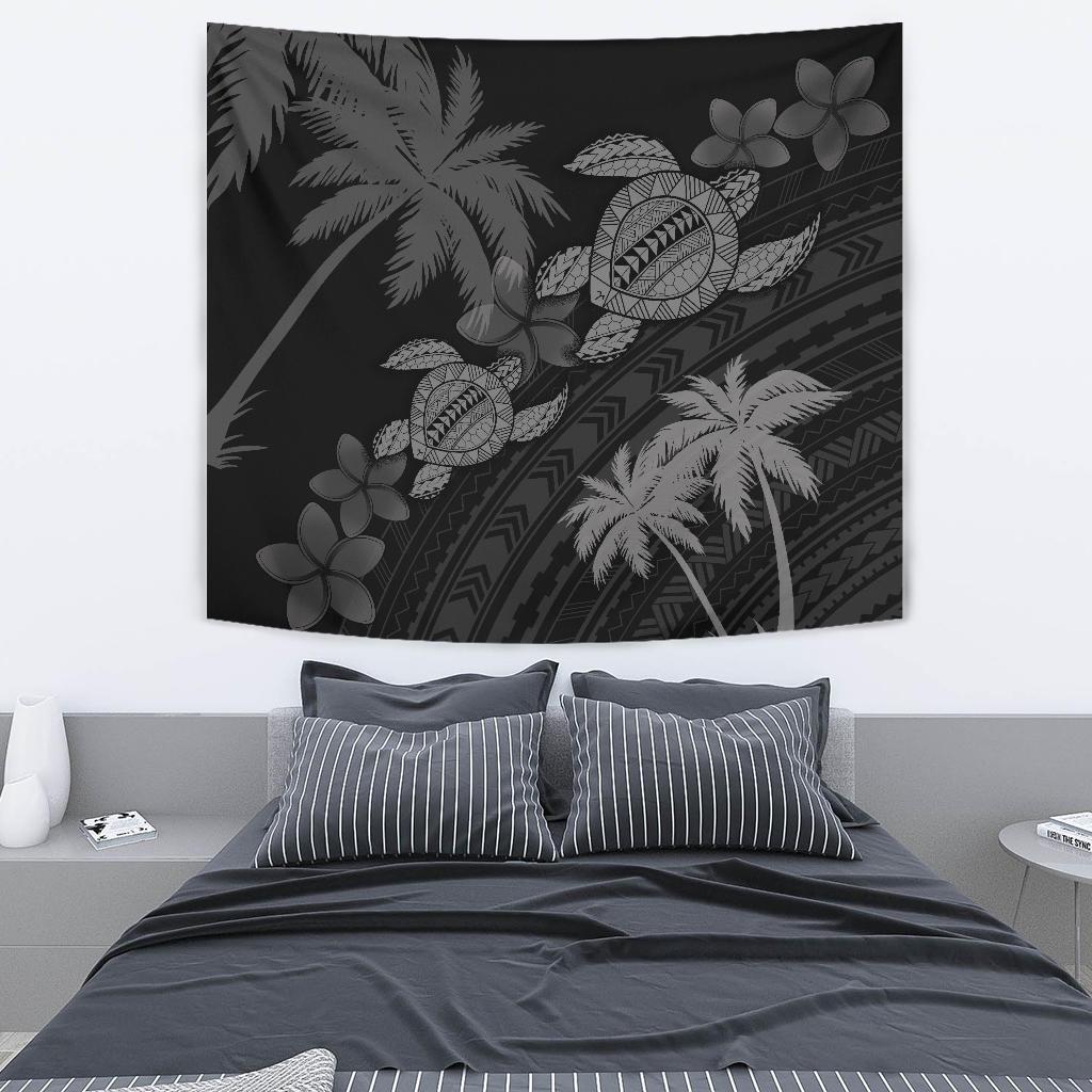 Hawaii Turtle Plumeria Coconut Tree Polynesian Tapestry - Gray Wall Tapestry Medium 80" x 68" Gray - Polynesian Pride
