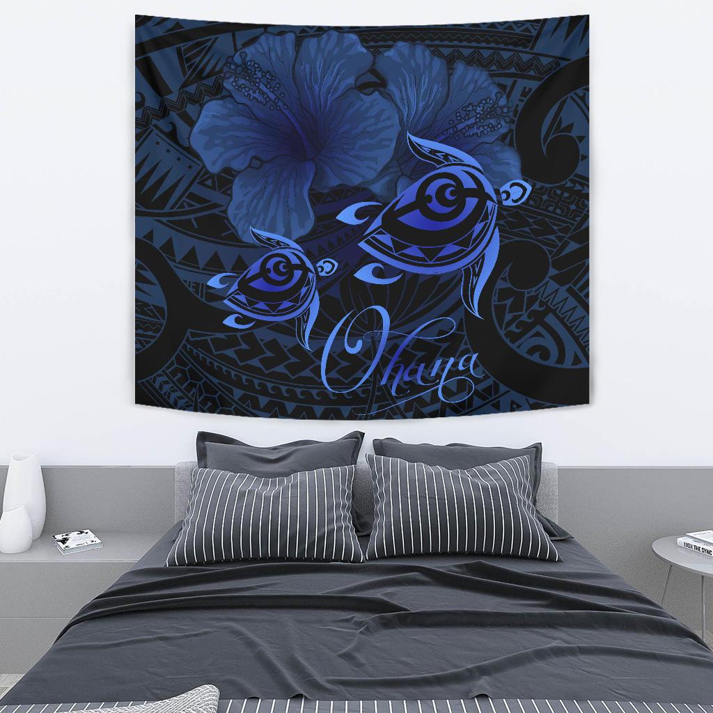 Hawaii Turtle Ohana Hibiscus Poly Tapestry - Tuquoise Wall Tapestry Turquoise - Polynesian Pride