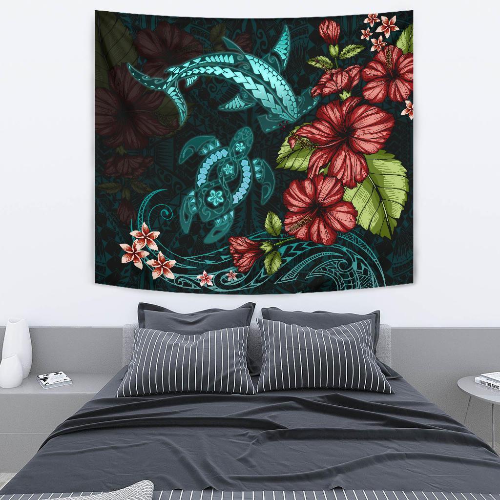 Polynesian Tapestry Turtle And Shark - Hibiscus Turquoise Wall Tapestry Medium 80" x 68" Turquoise - Polynesian Pride