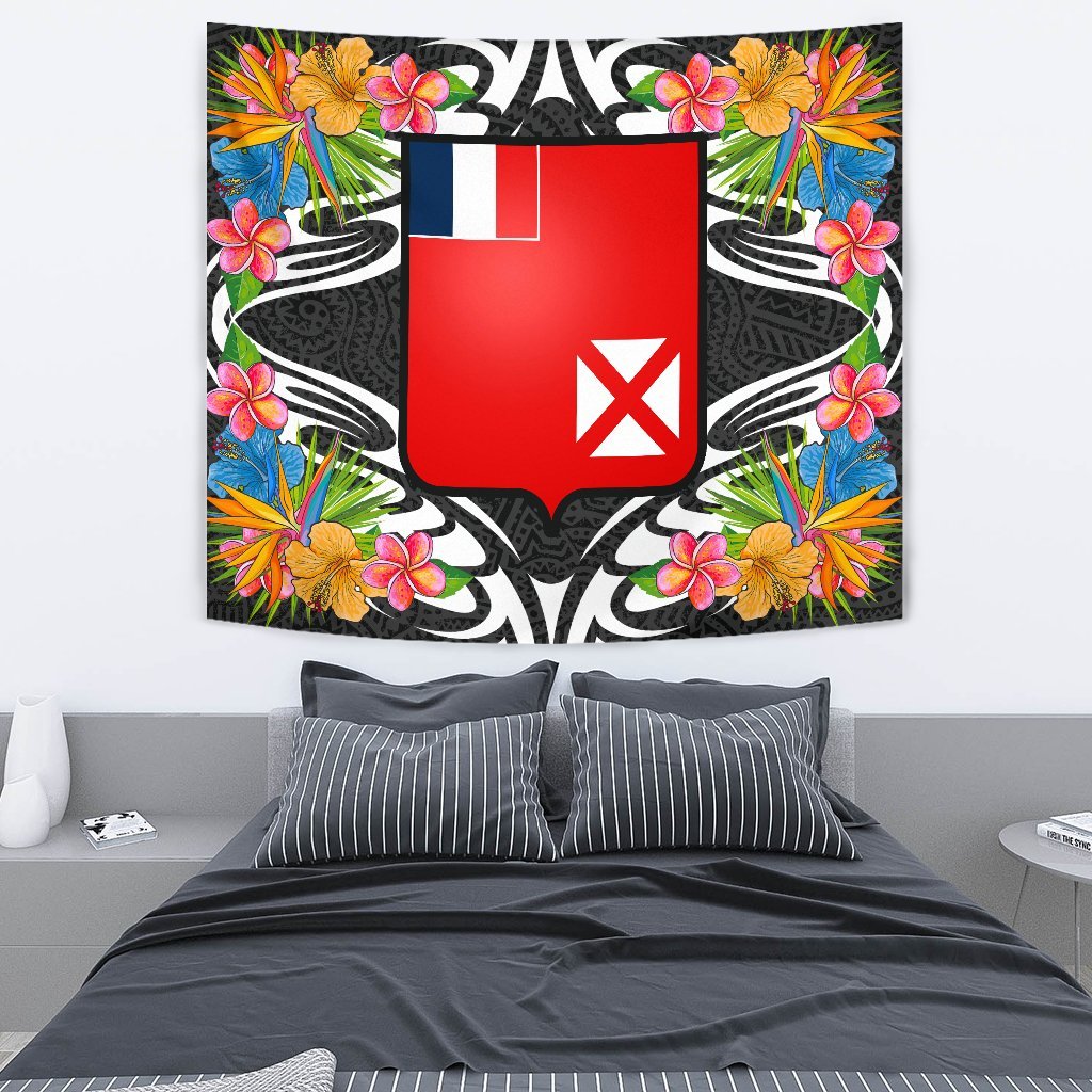 Wallis and Futuna Tapestrys - Tropical Flowers Style Wall Tapestry - Wallis and Futuna Medium 80" x 68" Black - Polynesian Pride