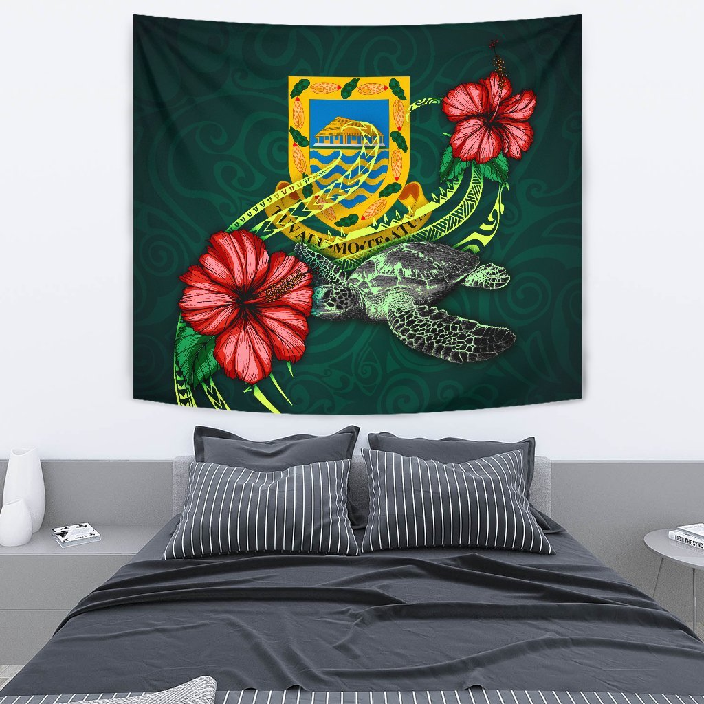 Tuvalu Polynesian Tapestry - Green Turtle Hibiscus One Style Medium 80" x 68" Green - Polynesian Pride