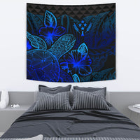 Kosrae Tapestry - Turtle Hibiscus Pattern Blue Wall Tapestry Medium 80" x 68" Blue - Polynesian Pride
