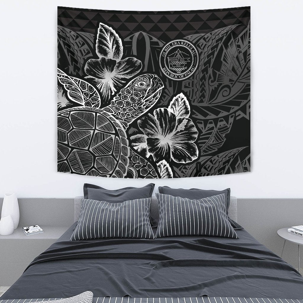 Palau Tapestry - Turtle Hibiscus Pattern Black Wall Tapestry Medium 80" x 68" Black - Polynesian Pride