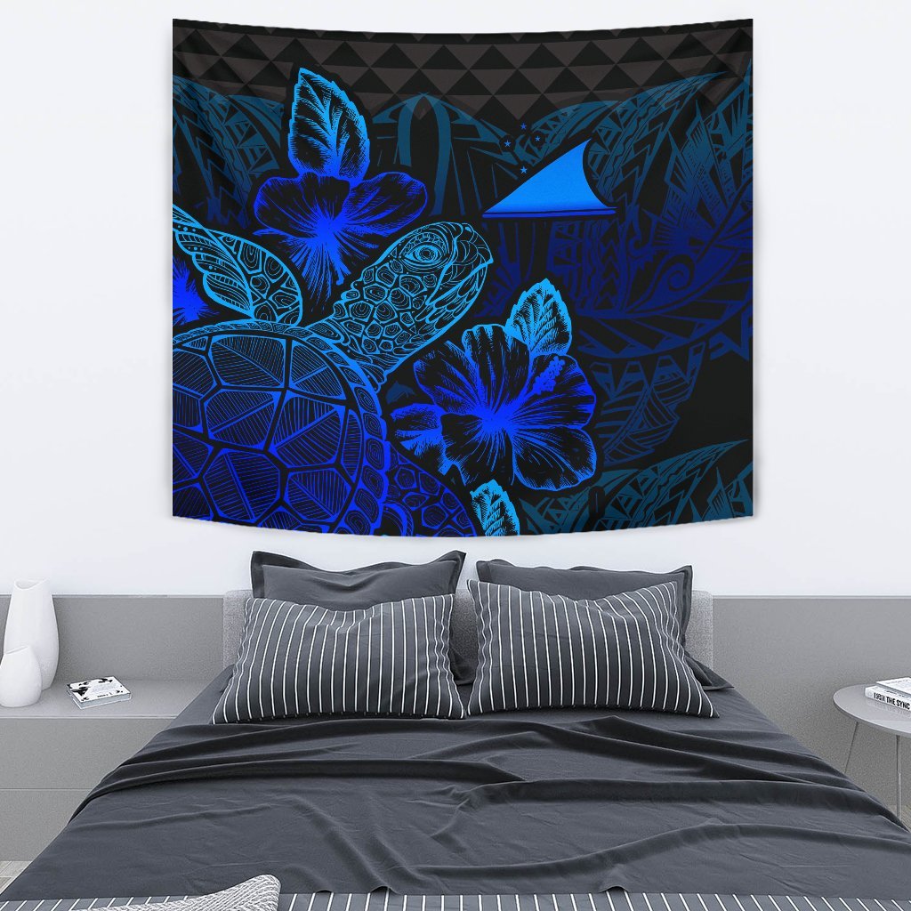 Tokelau Tapestry - Turtle Hibiscus Pattern Blue Wall Tapestry Medium 80" x 68" Blue - Polynesian Pride