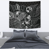 Tonga Tapestry - Turtle Hibiscus Pattern Black Wall Tapestry Medium 80" x 68" Black - Polynesian Pride