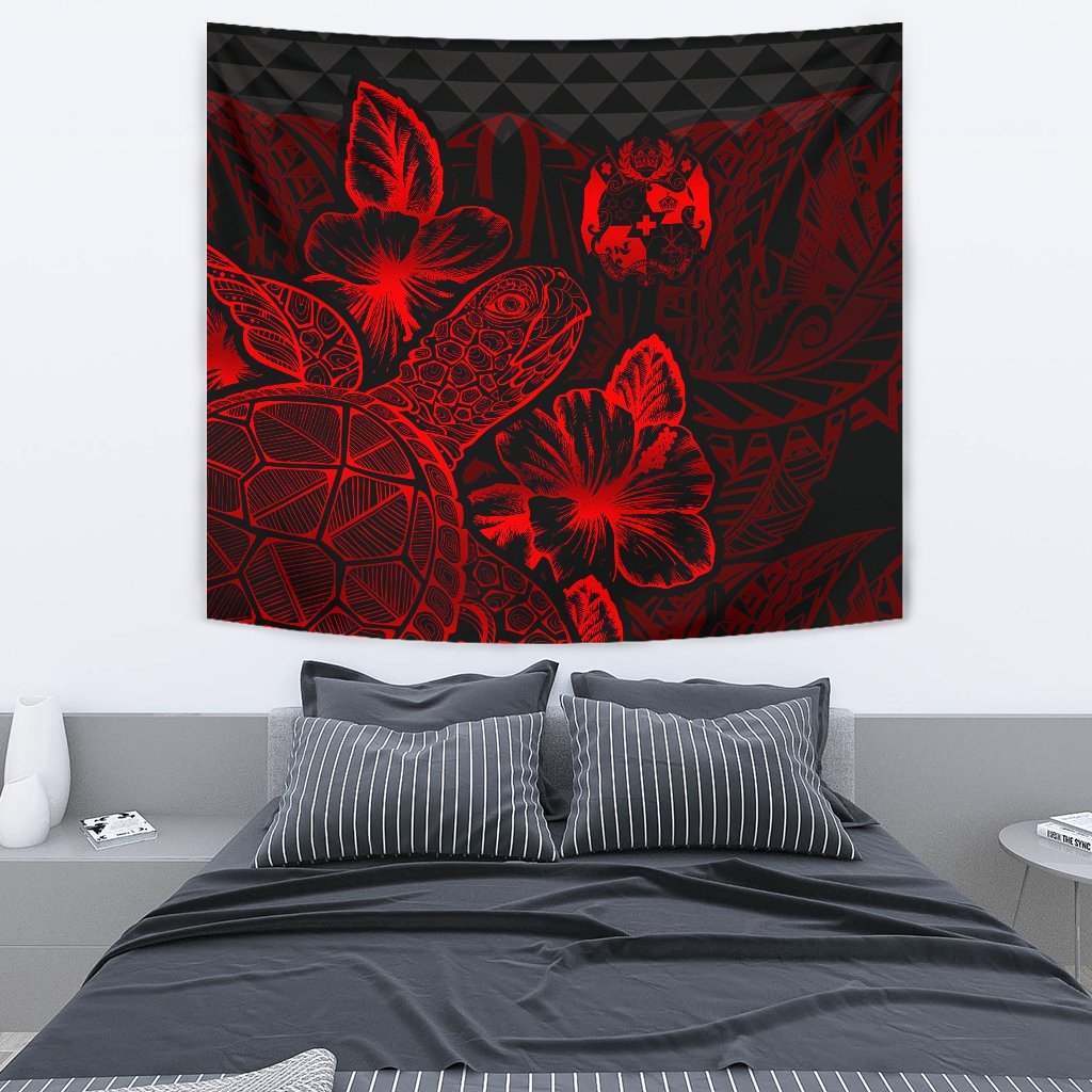 Tonga Tapestry - Turtle Hibiscus Pattern Red Wall Tapestry Medium 80" x 68" Red - Polynesian Pride