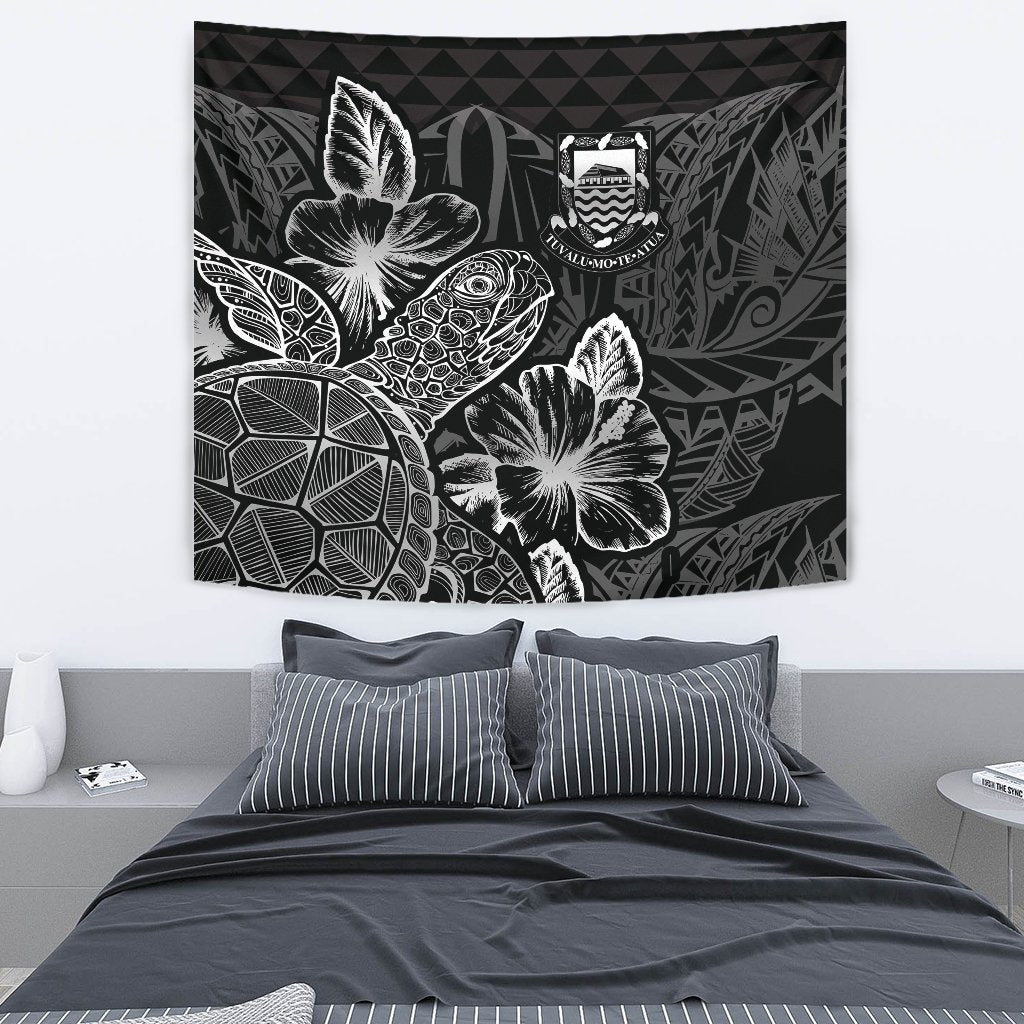Tuvalu Tapestry - Turtle Hibiscus Pattern Black Wall Tapestry Medium 80" x 68" Black - Polynesian Pride