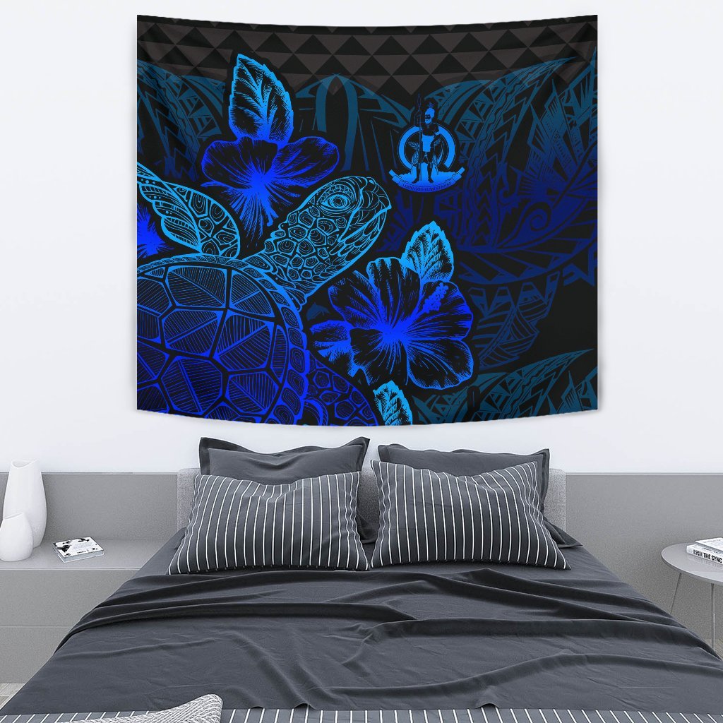 Vanuatu Tapestry - Turtle Hibiscus Pattern Blue Wall Tapestry Medium 80" x 68" Blue - Polynesian Pride