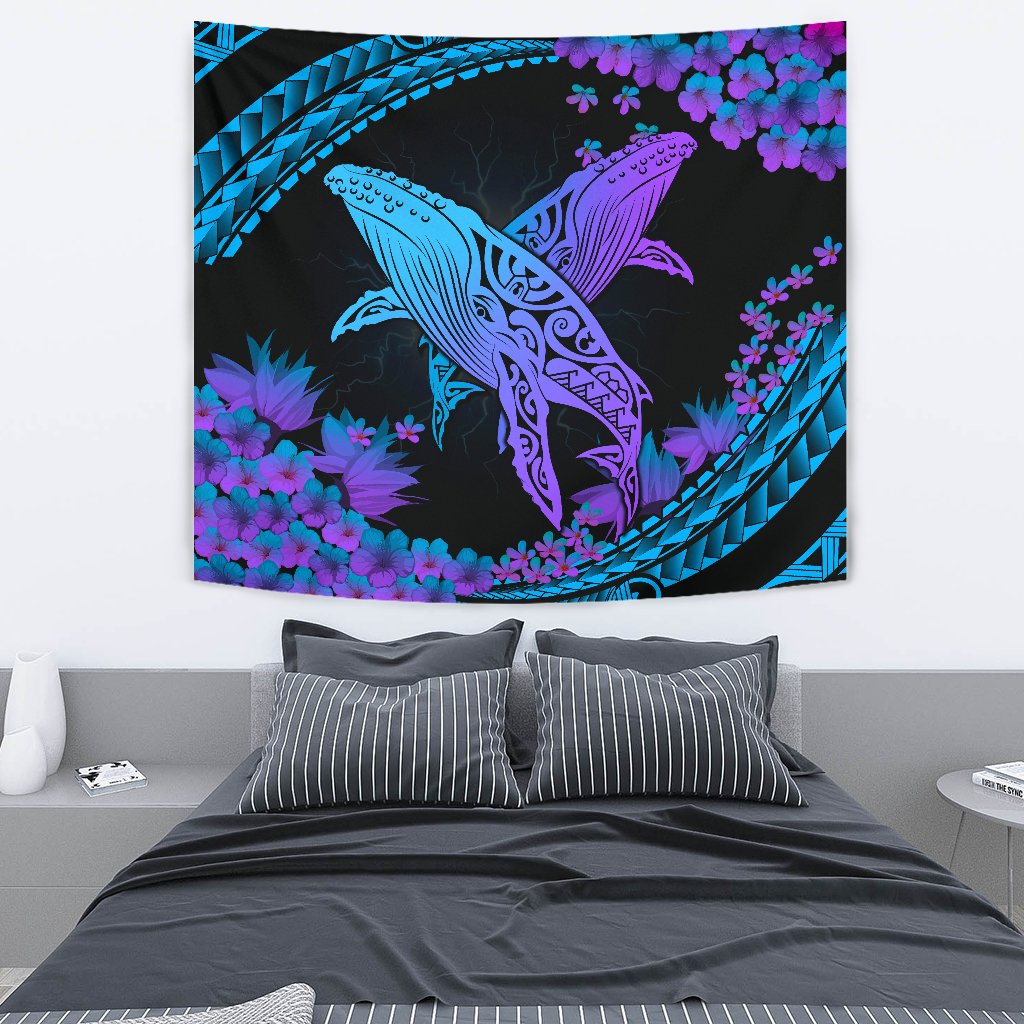 Hawaii Whale Polynesian Hibiscus Tapestry - Lae Style Wall Tapestry Medium 80" x 68" Black - Polynesian Pride