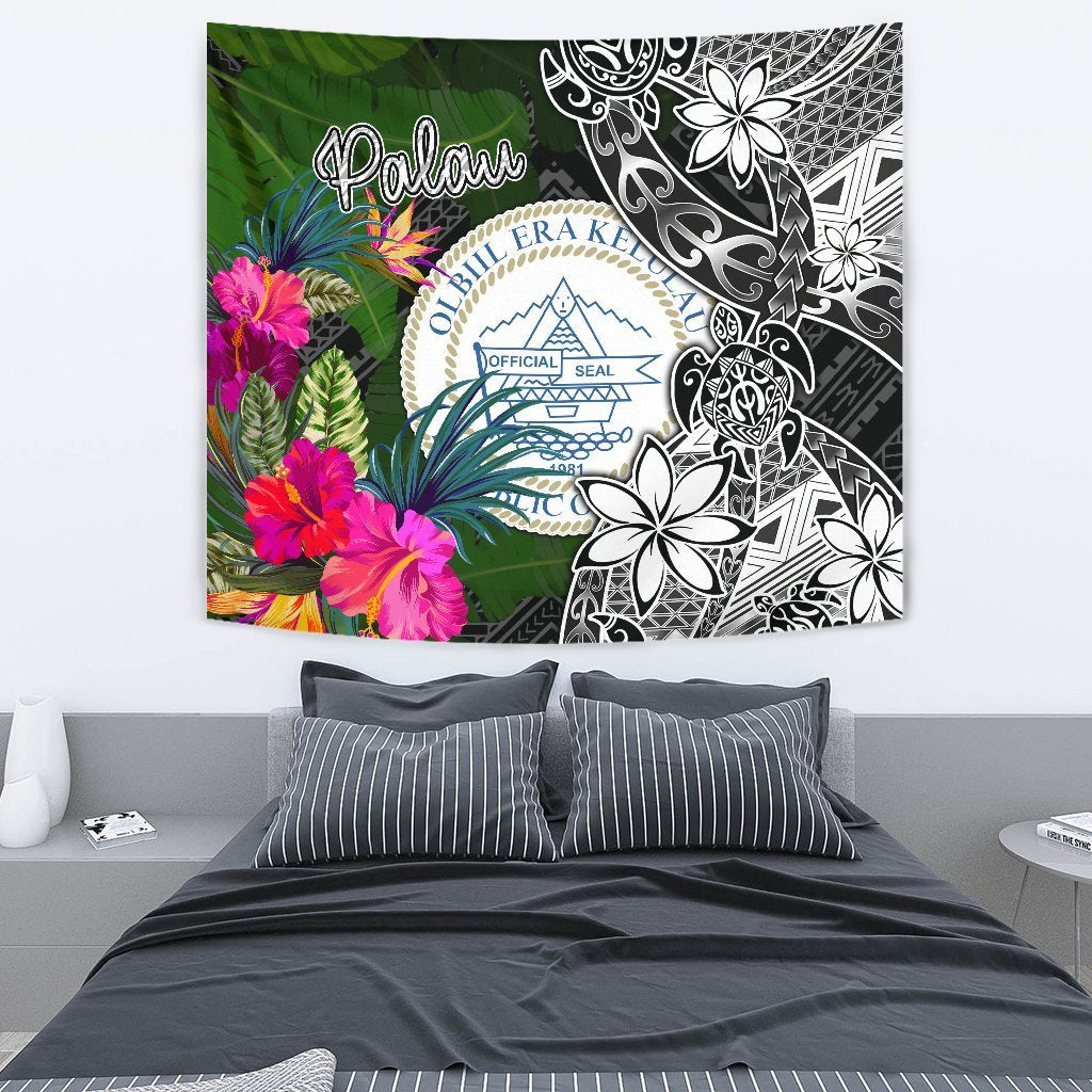 Palau Tapestry - Turtle Plumeria Banana Leaf Crest - Polynesian Pride