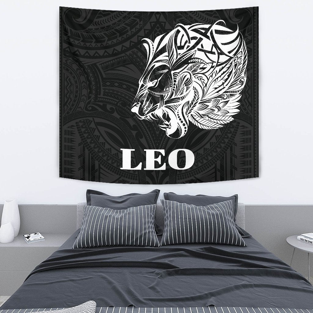 Sun In Leo Zodiac Tapestry Polynesian Tattoo Simple - White Wall Tapestry Medium 80" x 68" Black - Polynesian Pride