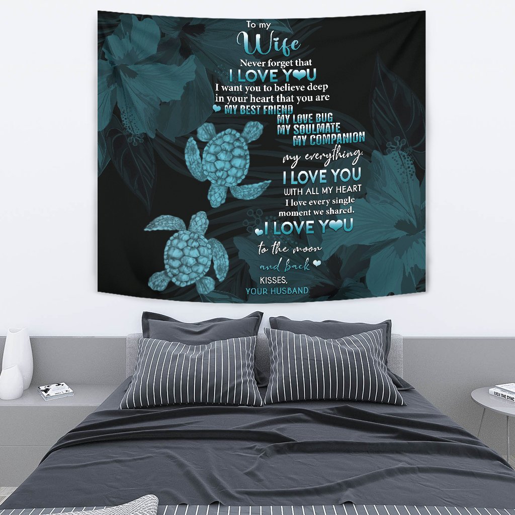 Hawaii Turtle Tapestry Hibiscus To My Wife Blue AH Wall Tapestry Blue - Polynesian Pride