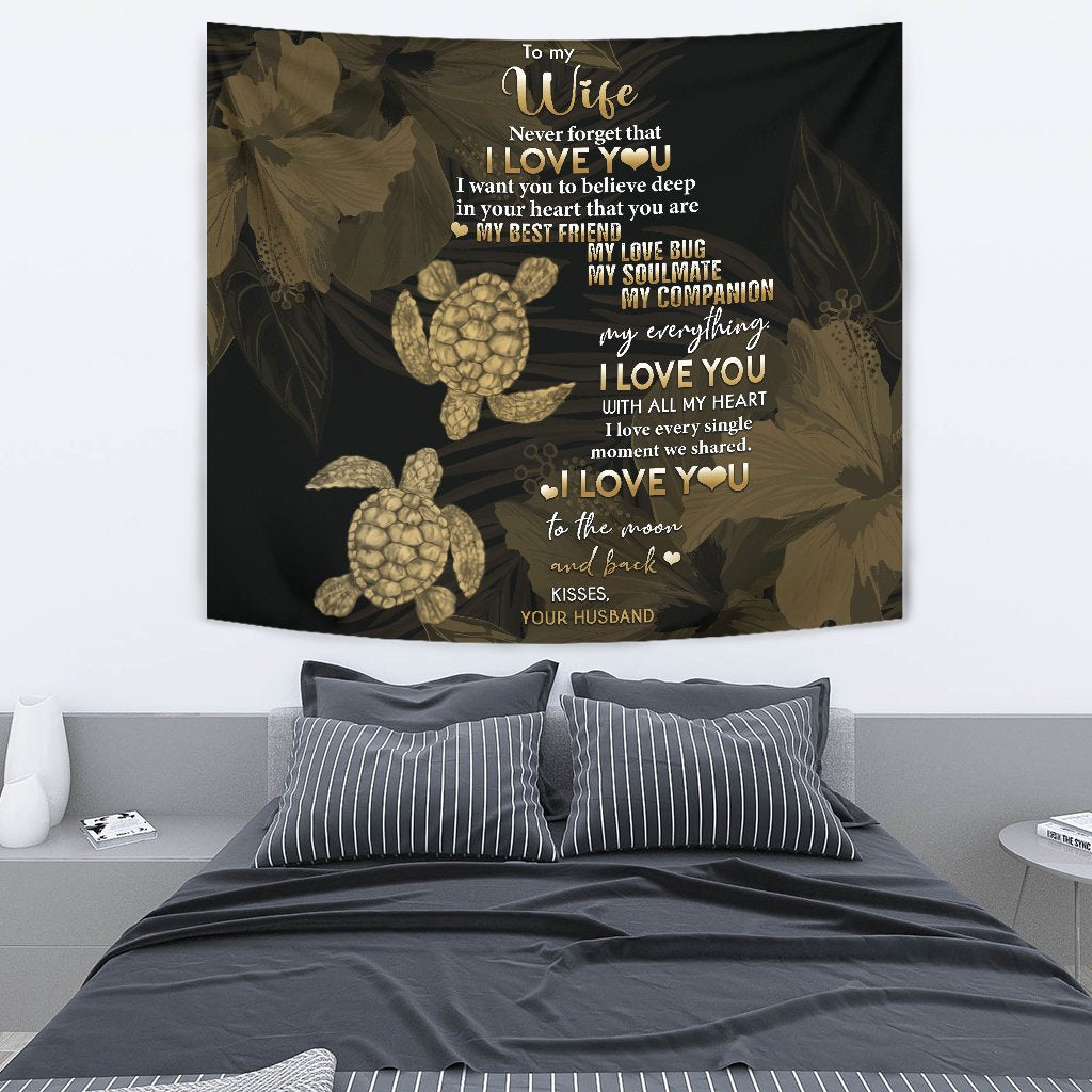 Hawaii Turtle Tapestry Hibiscus To My Wife Gold AH Wall Tapestry 130cm*150cm Gold - Polynesian Pride