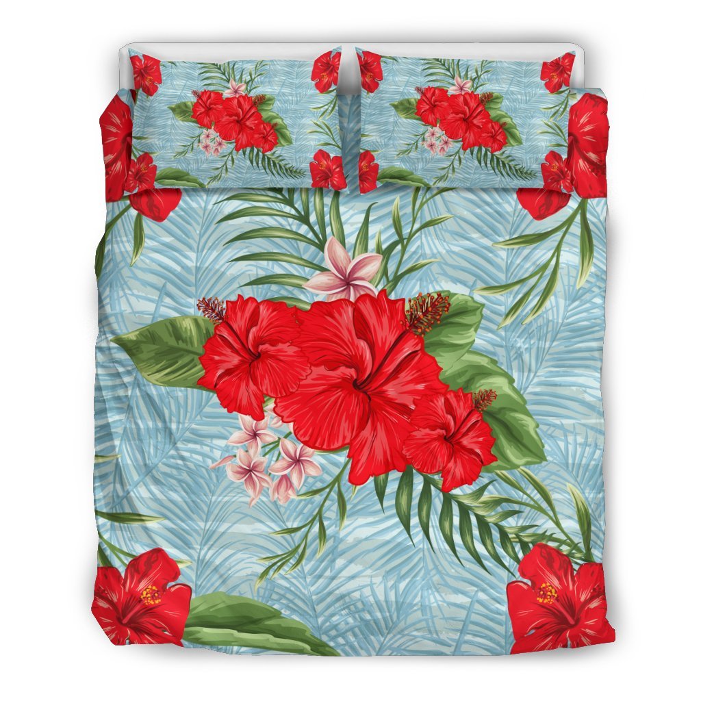 Hawaii Duvet Cover Set - Red Hibiscus Plumeria Palm - Polynesian Pride