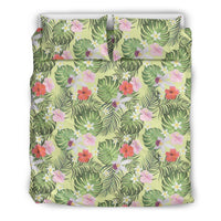 Hawaiian Tropical Hibiscus, Plumeria Monstera Leaves Green Polynesian Bedding Set Black - Polynesian Pride