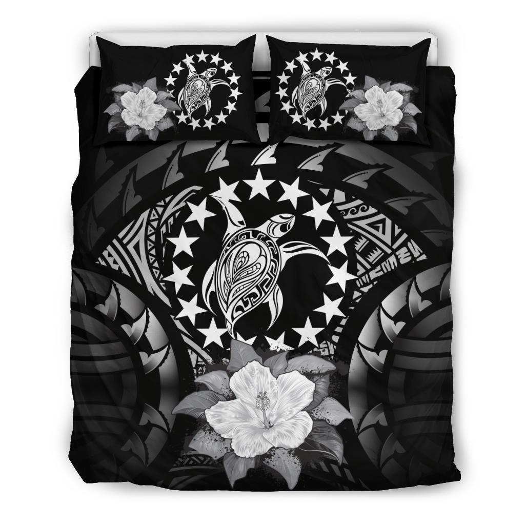 Cook Islands Duvet Cover Set - Cook Island Flag Turtle & Gray Hibiscus - Polynesian Pride