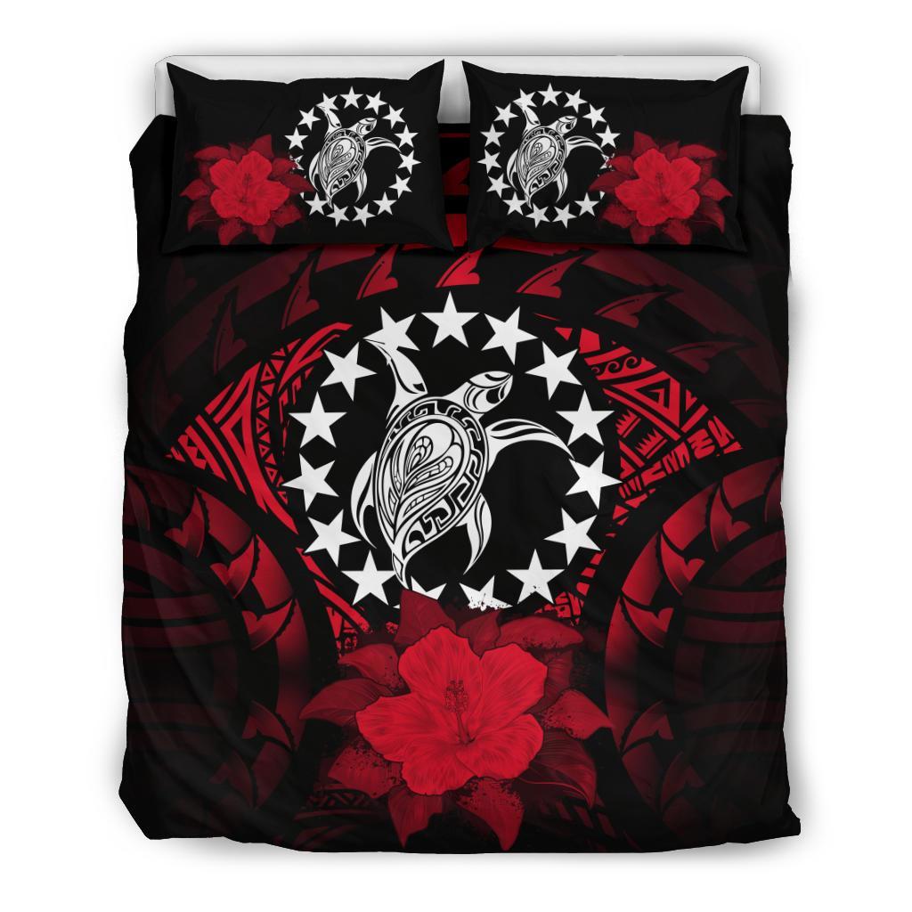 Cook Islands Duvet Cover Set - Cook Island Flag Turtle & Red Hibiscus - Polynesian Pride