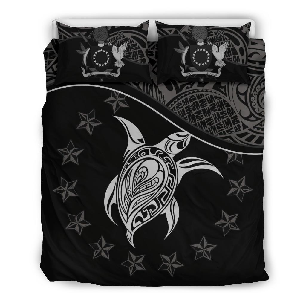 Cook Island Duvet Cover Set - Cook Island Flag & Turtle Tattoo Black - Polynesian Pride
