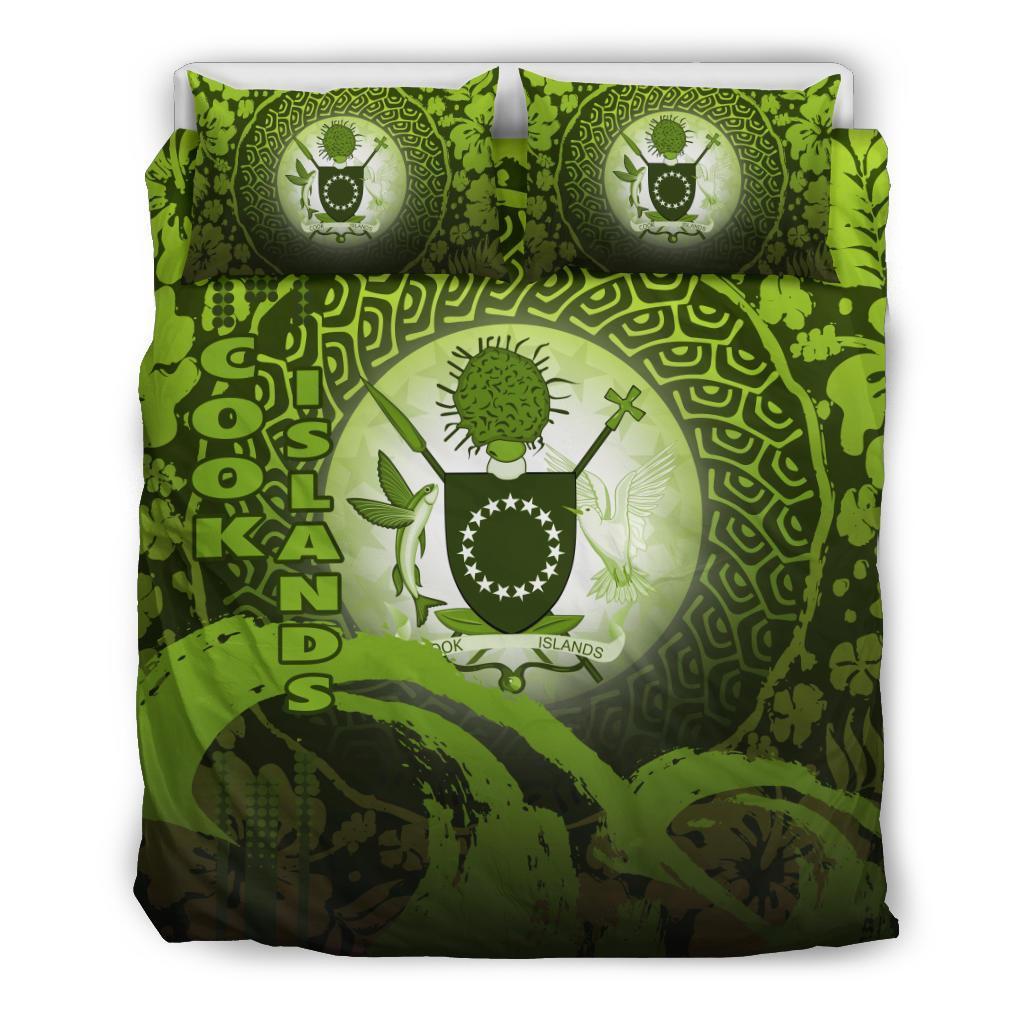 Cook Islands Duvet Cover Set - Cook Islands Coat Of Arms Wave and Hibiscus Green - Polynesian Pride