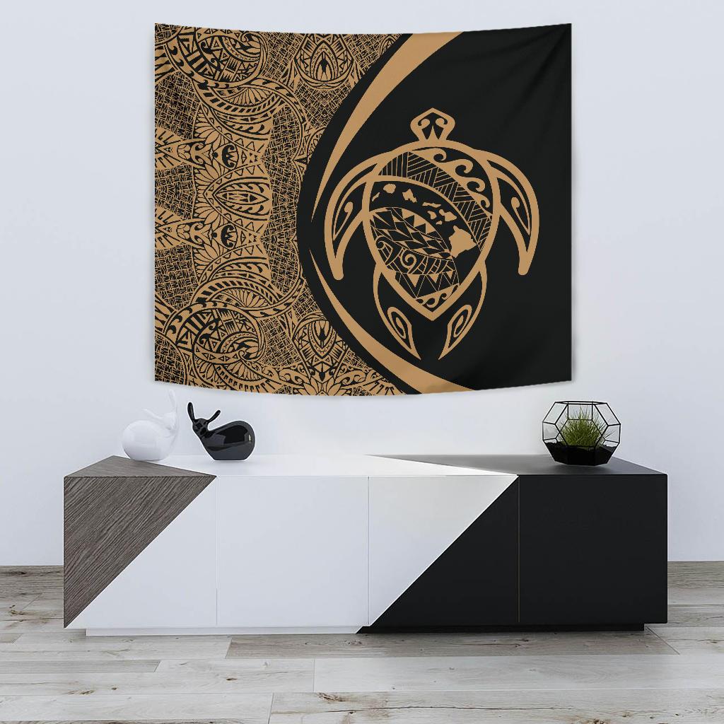 Hawaii Turtle Map Polynesian Tapestry - Gold - Circle Style Wall Tapestry 75cm*90cm Gold - Polynesian Pride