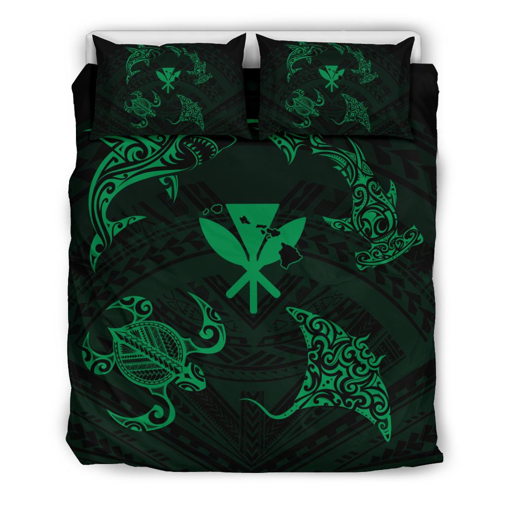 Polynesian Turtle Hammerhead Shark Ray Kanaka Hawaii Bedding Set Circle Green - Polynesian Pride