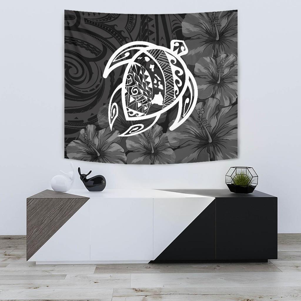Hawaii Turtle Kanaka Map Hibiscus Poly Tapestry - White Wall Tapestry Small 60" x 51" White - Polynesian Pride