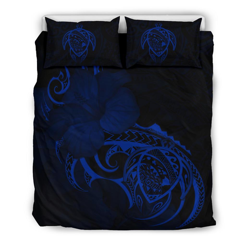 Hawaiian Map Turtle Hibiscus Divise Blue Polynesian Bedding Set Blue - Polynesian Pride