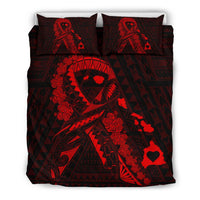 Hawaiian Map Heart Ribbon Cancer Hibiscus Polynesian Bedding Set - Red Red - Polynesian Pride