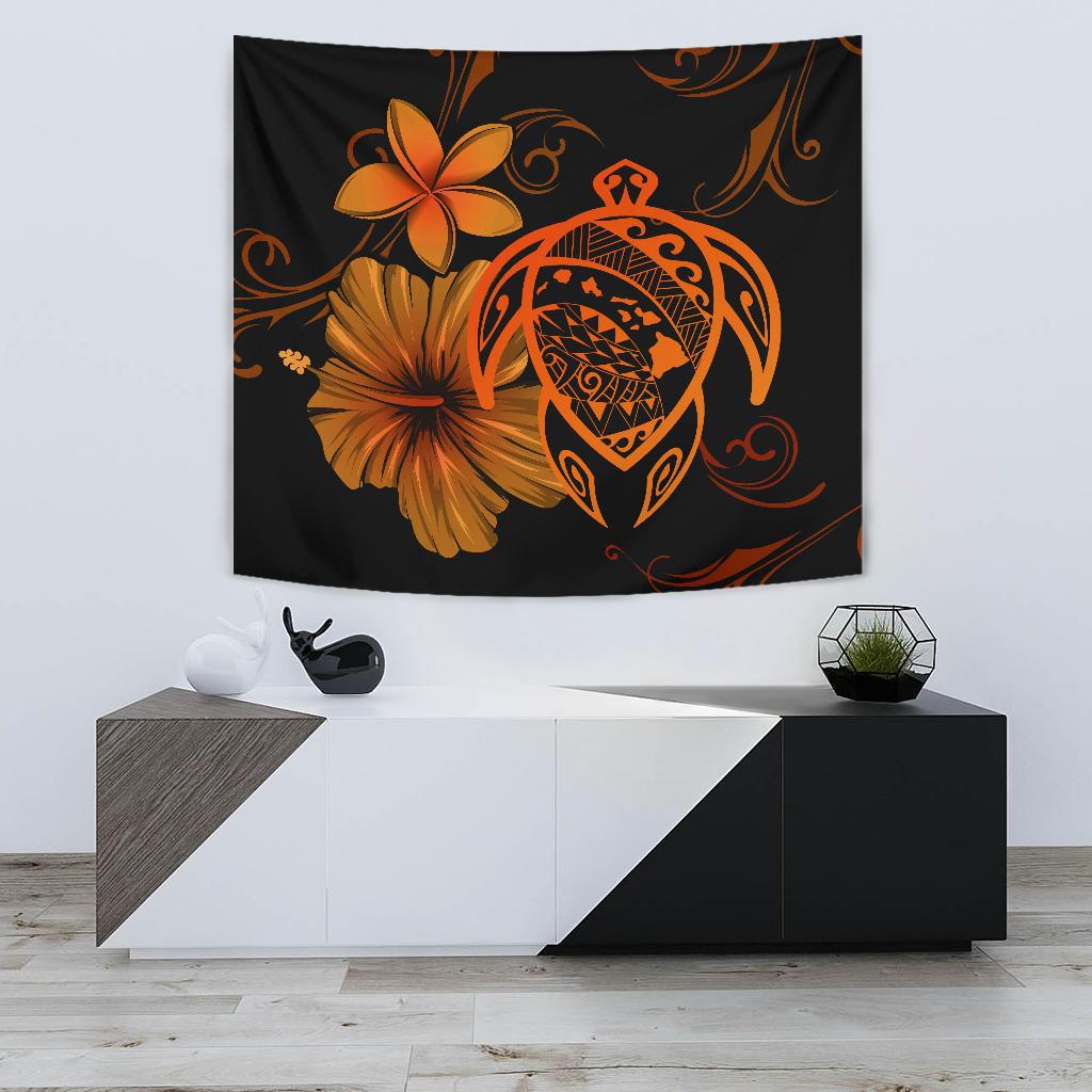 Hawaii Turtle Map Hibiscus Plumeria Poly Tapestry - Orange Wall Tapestry 75cm*90cm Orange - Polynesian Pride