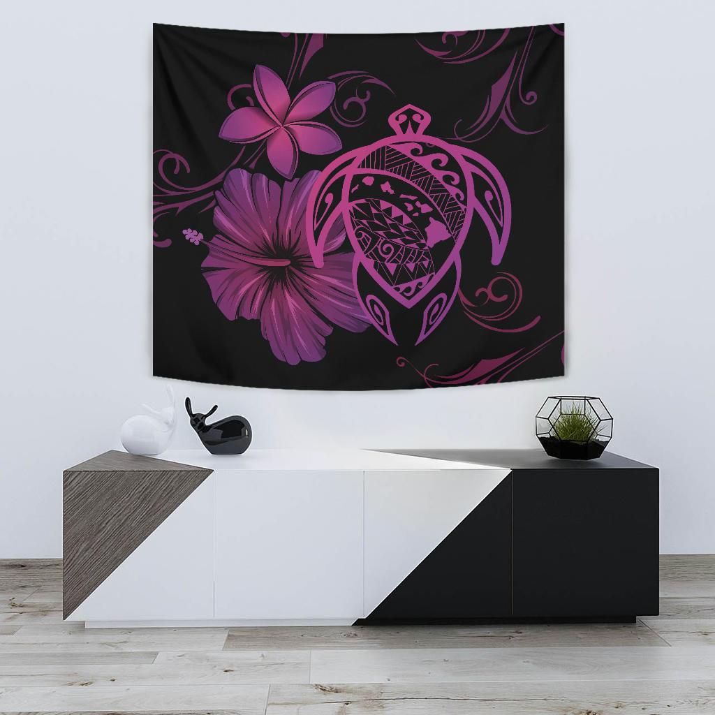Hawaii Turtle Map Hibiscus Plumeria Poly Tapestry - Pink Wall Tapestry Small 60" x 51" Pink - Polynesian Pride