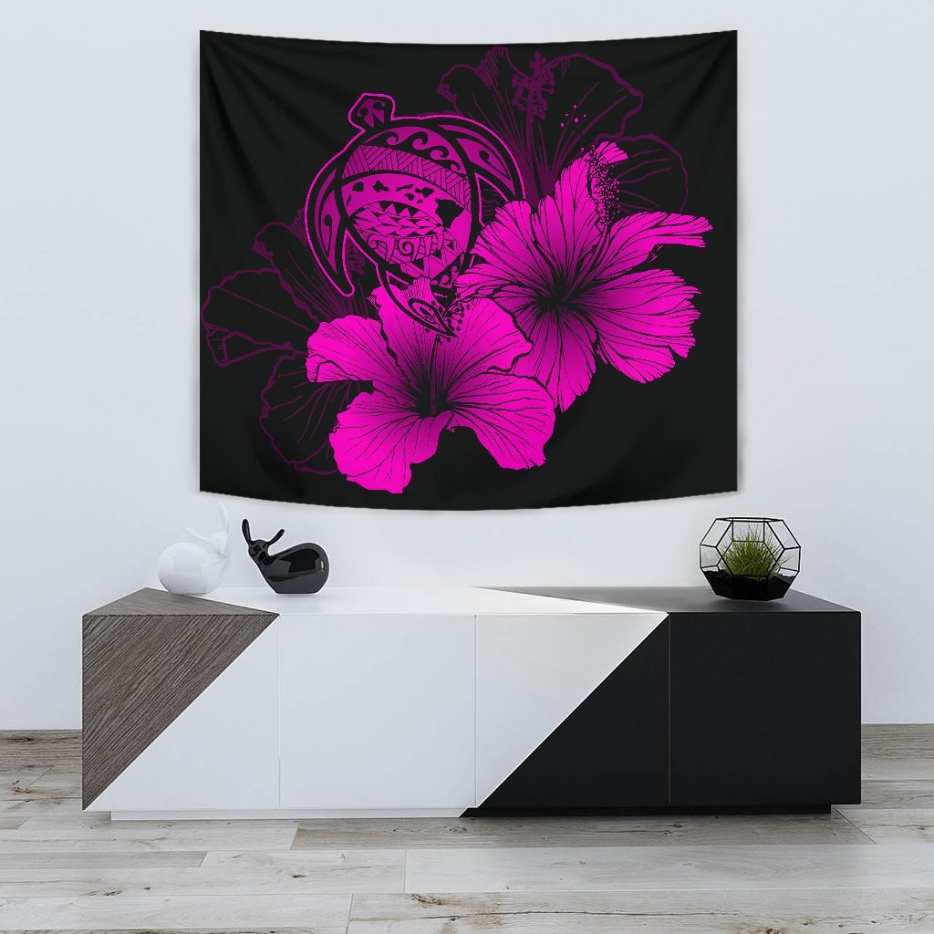 Hawaii Hibiscus Tapestry - Turtle Map - Pink Wall Tapestry Small 60" x 51" Pink - Polynesian Pride