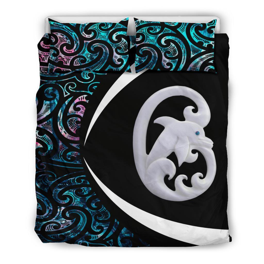 Aotearoa Maori Dolphin Bedding Set, Koru Aihe Paua Shell Duvet Covers Black - Polynesian Pride