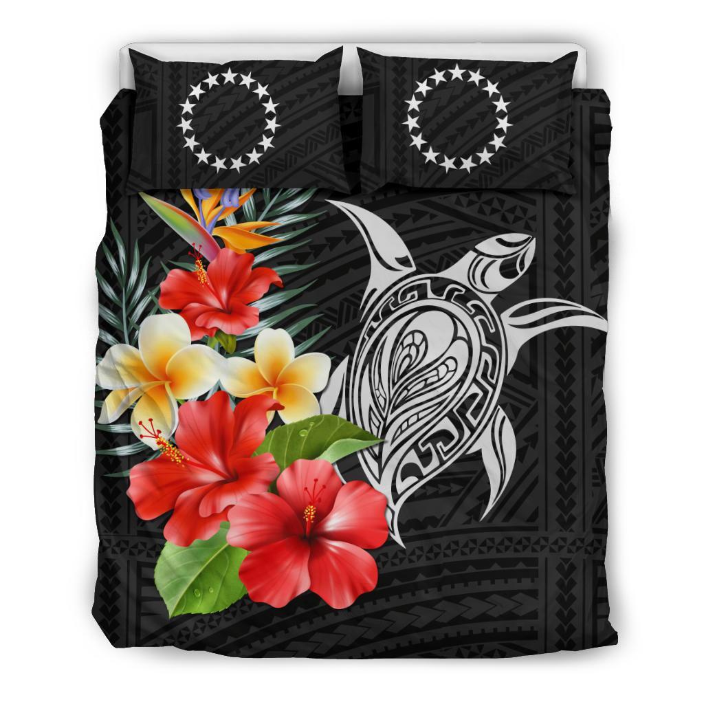 Polynesian Duvet Cover Set - Cook Island Bedding Set Polynesia Hibiscus And Plumeria Black - Polynesian Pride