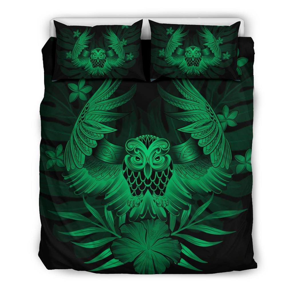 Hawaiian Owl Hibiscus Plumeria Polynesian Bedding Set - Green Green - Polynesian Pride
