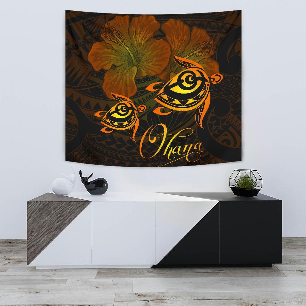 Hawaii Turtle Ohana Hibiscus Poly Tapestry - Yellow Wall Tapestry 75cm*90cm Yellow - Polynesian Pride