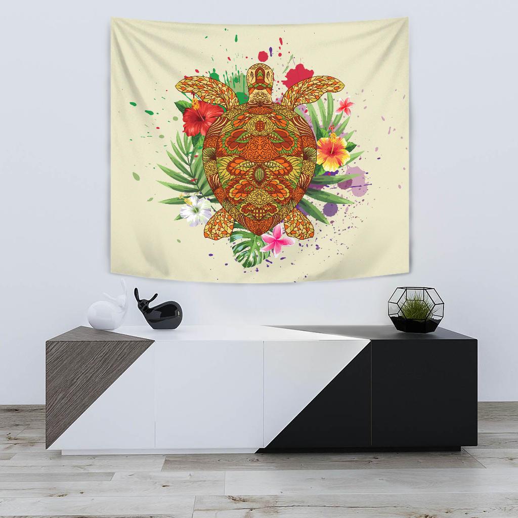 Hawaii Turtle Life Hibiscus Design Tapestry Wall Tapestry 75cm*90cm Beige - Polynesian Pride