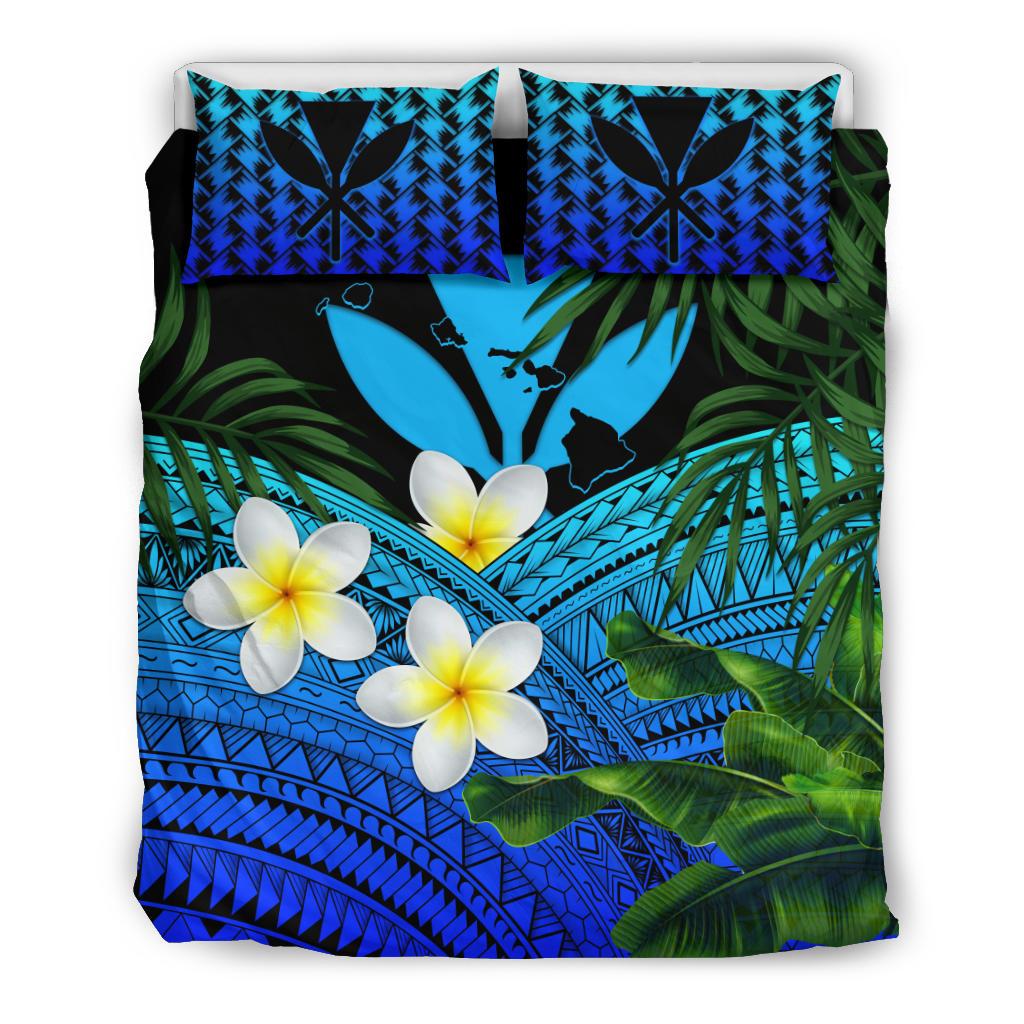 Kanaka Maoli (Hawaiian) Bedding Set, Polynesian Plumeria Banana Leaves Blue - Polynesian Pride