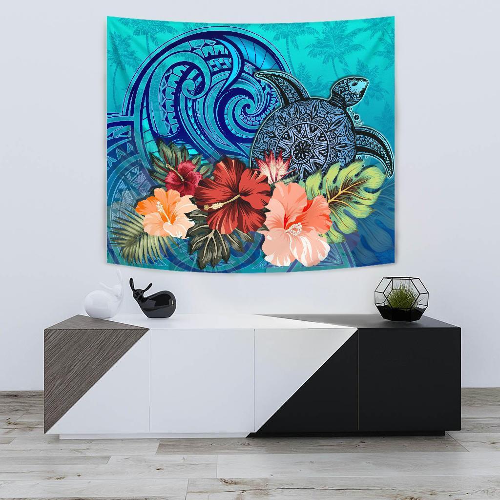 Turtle Polynesian Tapestry Hibiscus Polynesian Blue Wall Tapestry Small 60" x 51" Black - Polynesian Pride