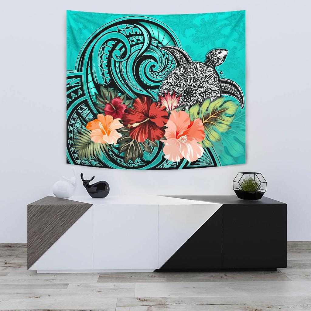 Turtle Tapestry Hibiscus Polynesian Turquoise Wall Tapestry Small 60" x 51" Turquoise - Polynesian Pride