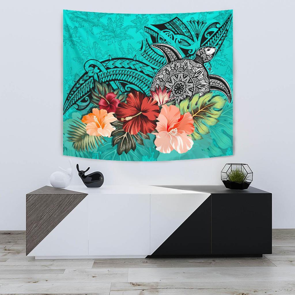 Turtle Polynesian Tapestry Hibiscus Polynesian Turquoise Wall Tapestry Small 60" x 51" Turquoise - Polynesian Pride