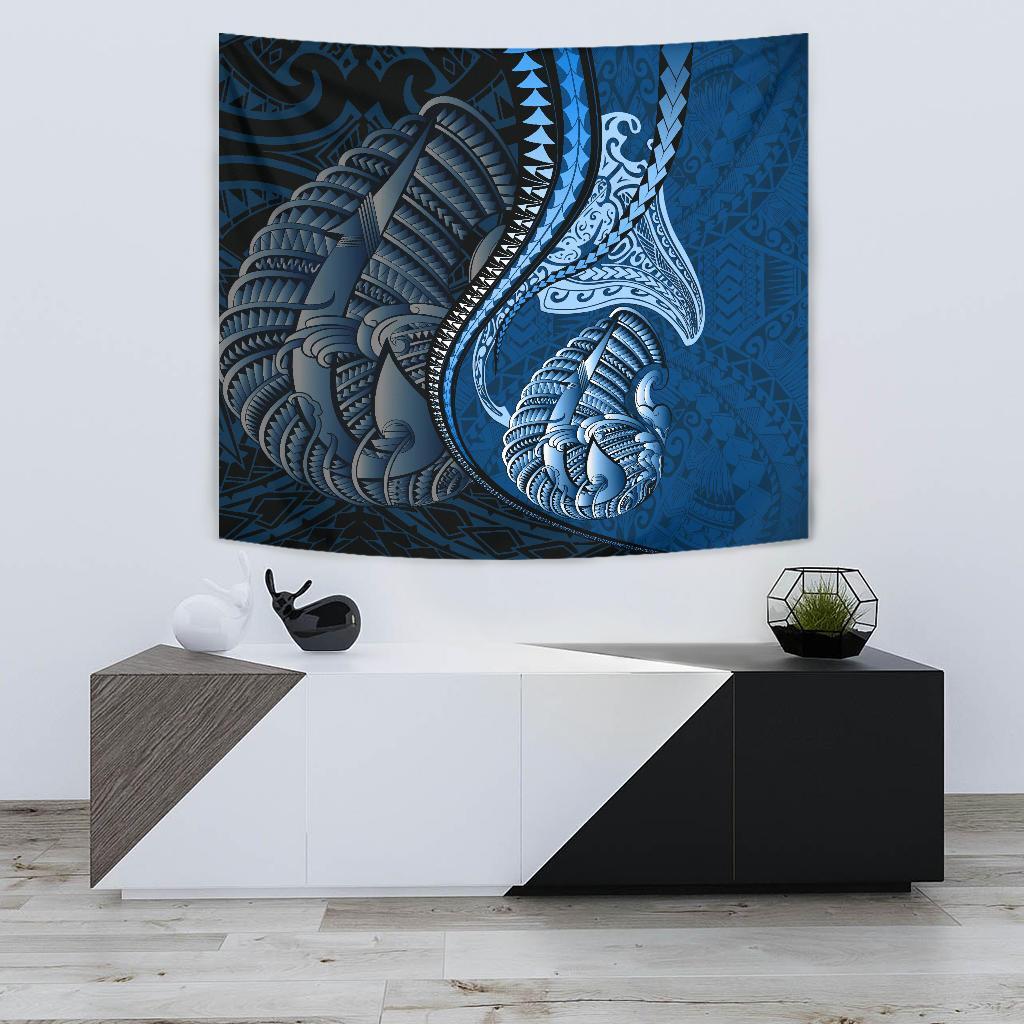 Fish Hook Polynesian Tapestry Manta Polynesian Wall Tapestry Small 60" x 51" Blue - Polynesian Pride