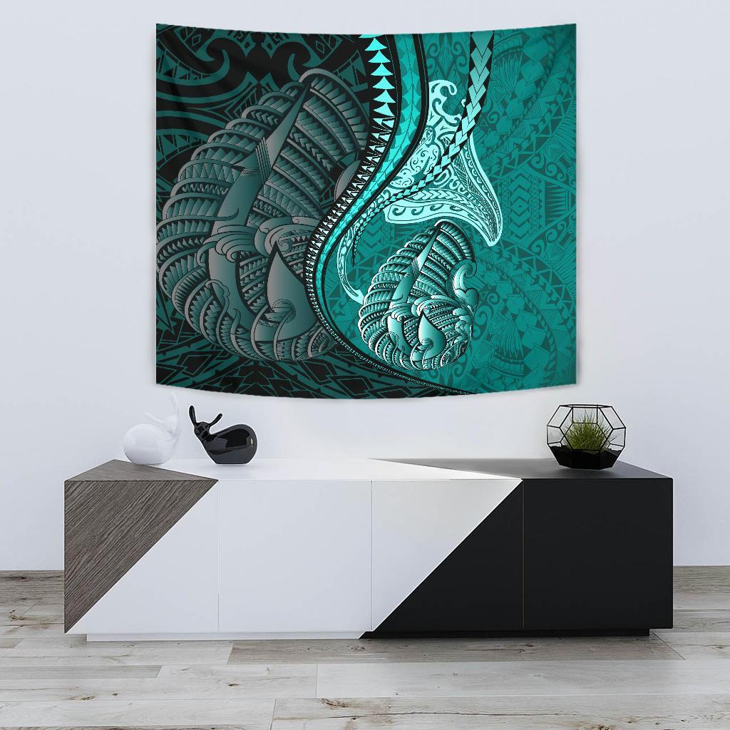 Fish Hook Polynesian Tapestry Manta Polynesian Turquoise Wall Tapestry Small 60" x 51" Turquoise - Polynesian Pride