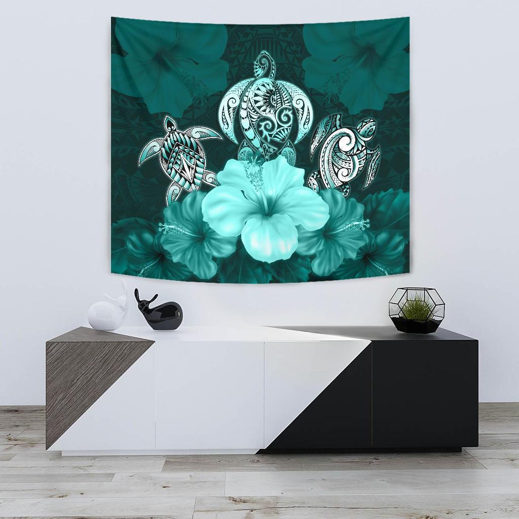 Polynesian Tapestry Turtle And Hibiscus Turquoise Wall Tapestry Small 60" x 51" Turquoise - Polynesian Pride