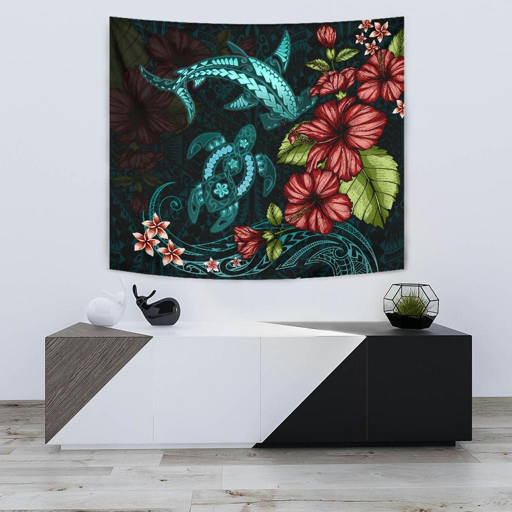 Polynesian Tapestry Turtle And Shark - Hibiscus Turquoise Wall Tapestry Small 60" x 51" Turquoise - Polynesian Pride