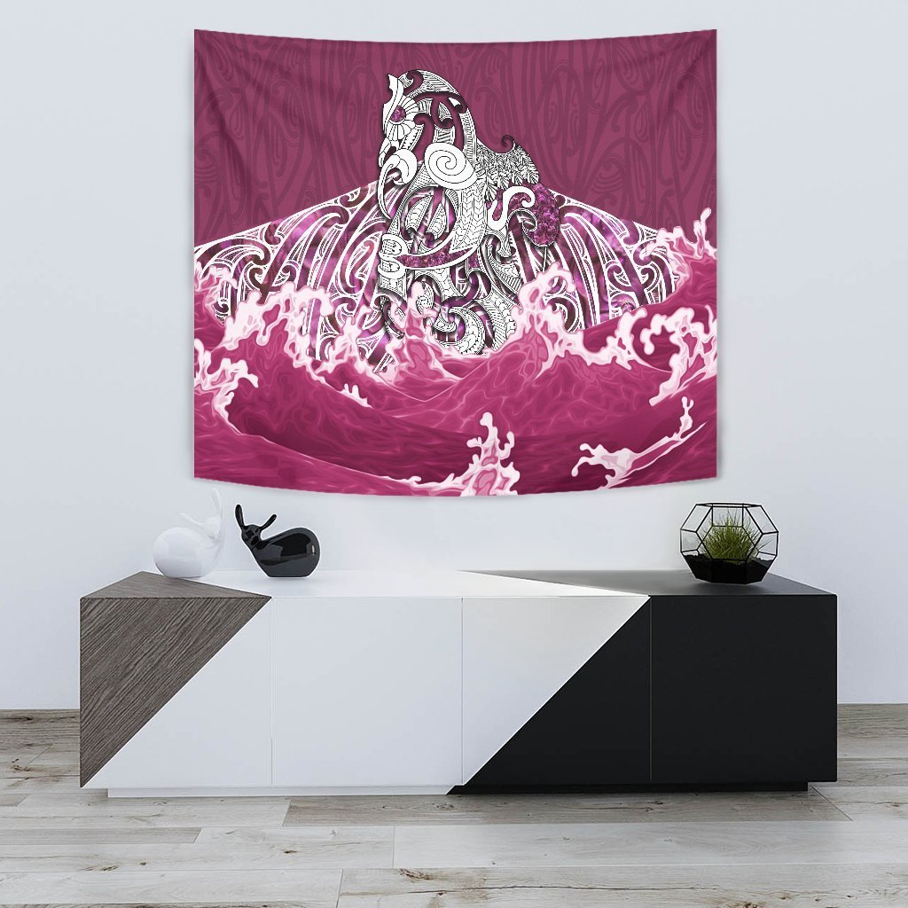 Maori Manaia The Blue Sea Tapestry, Pink Wall Tapestry Small 60" x 51" Pink - Polynesian Pride