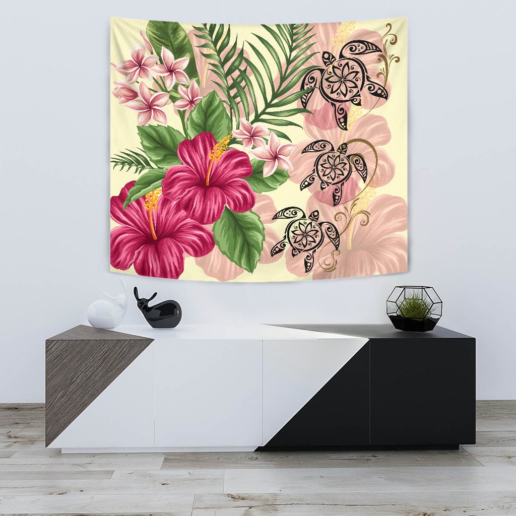 Hawaii Turtle Hibiscus Plumeria Beige Style - Tapestry AH Wall Tapestry 75cm*90cm Yellow - Polynesian Pride