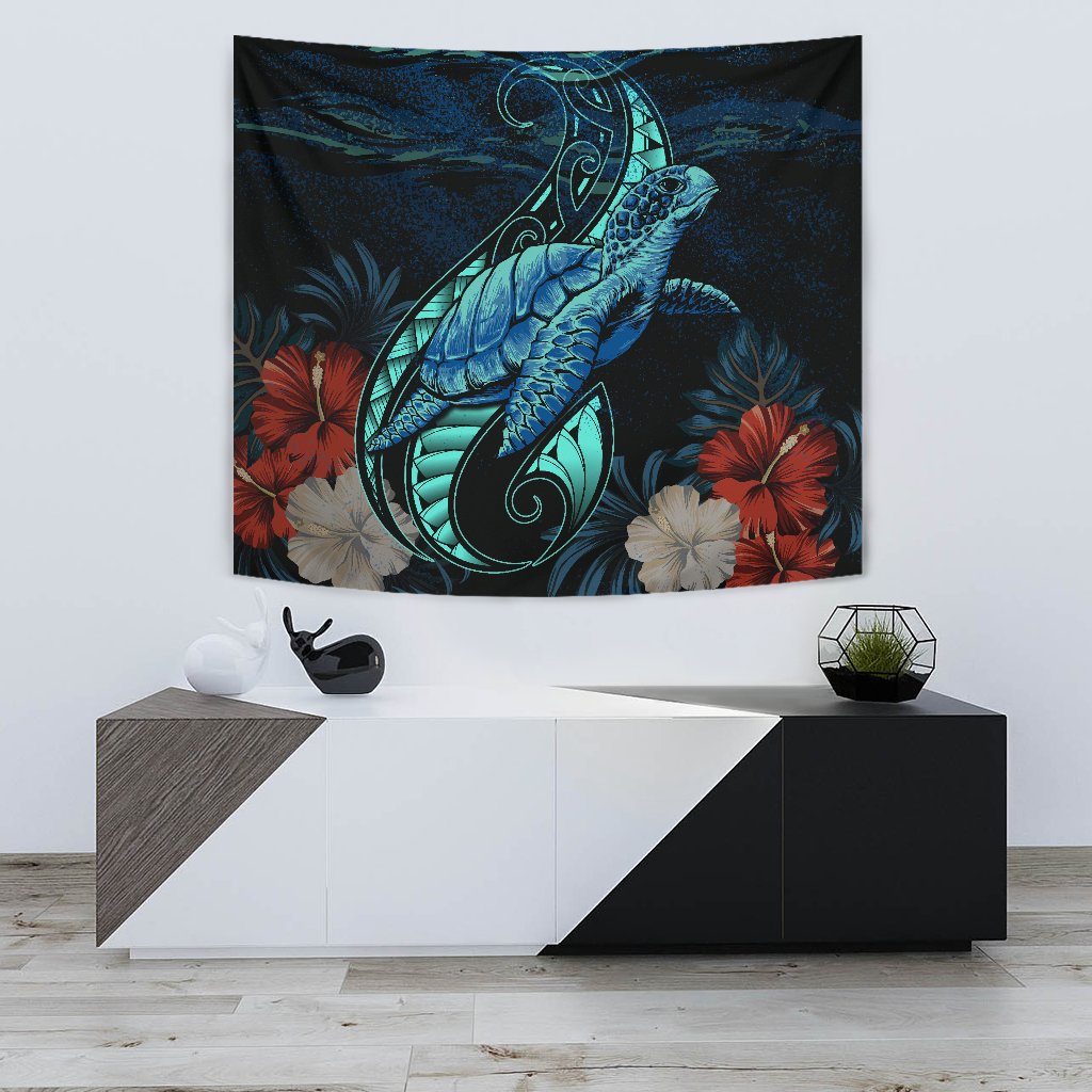 Hawaii Polynesian Honu Sea Hibiscus Tapestry Wall Tapestry 75cm*90cm Black - Polynesian Pride