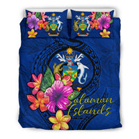 Polynesian Bedding Set - Solomon Islands Duvet Cover Set Floral With Seal Blue - Polynesian Pride
